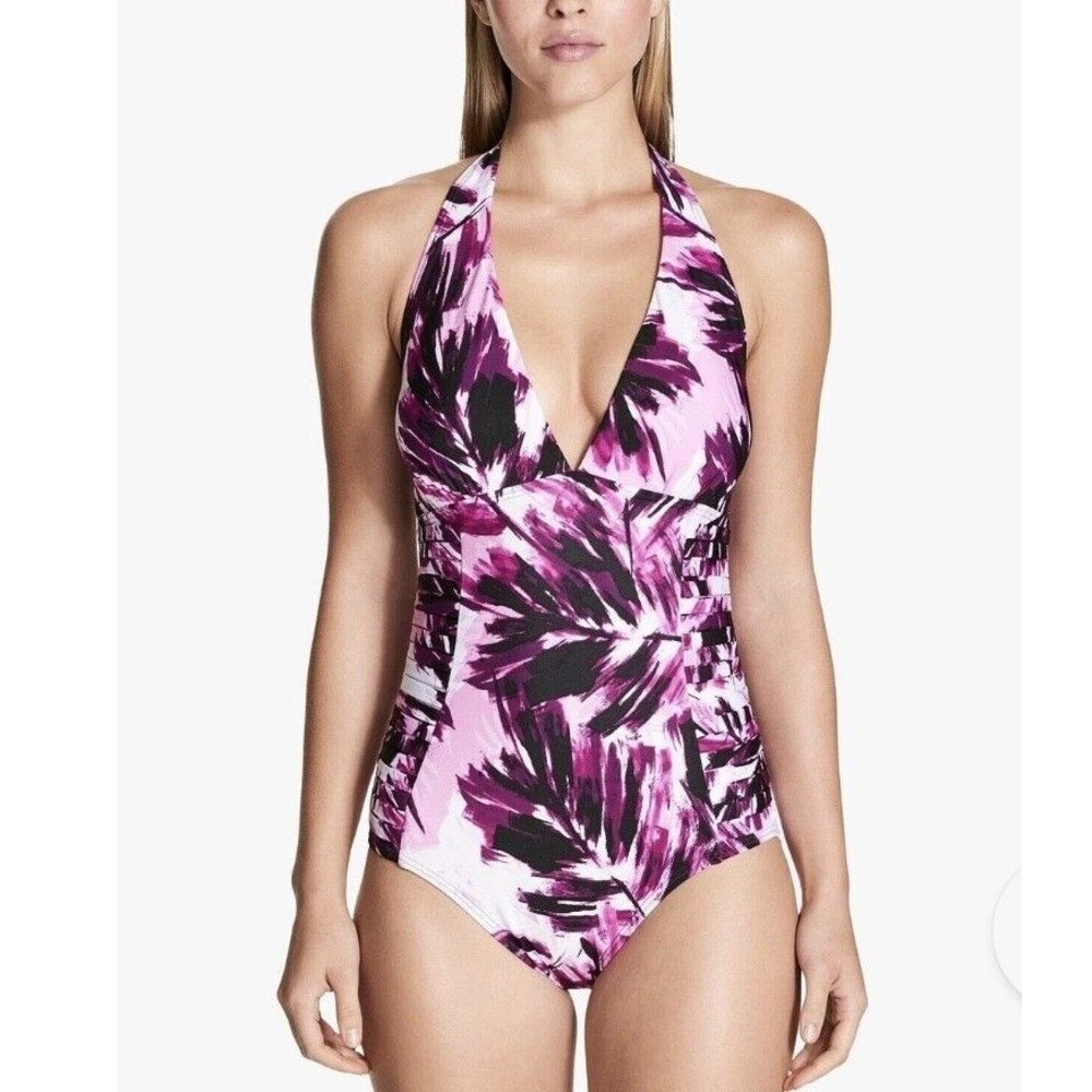 Calvin Klein Swimsuit Bikini One Piece Purple Floral Halter Swim Suit Womens 12